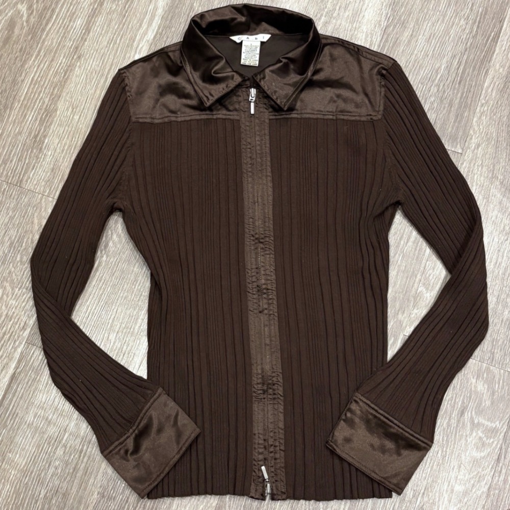 Cabi Brown Ribbed Silk Blend Two Way Zip Up Cardigan Satin Trim L Y2K Minimalist